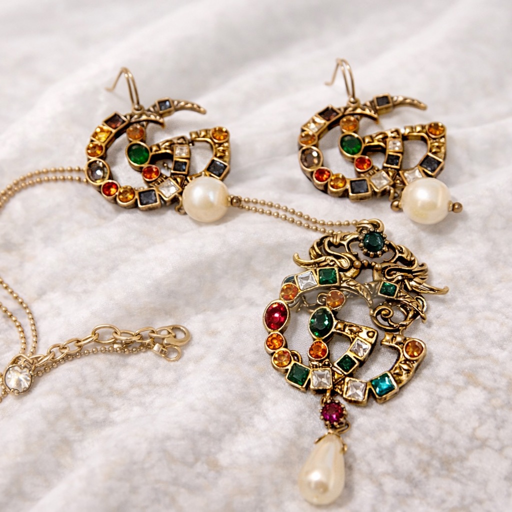 Gold Multicolored Gem & Pearl Dragon Pendant Necklace With Matching Earrings